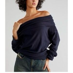 We The Free Off-the-Shoulder Navy Pullover Sweater